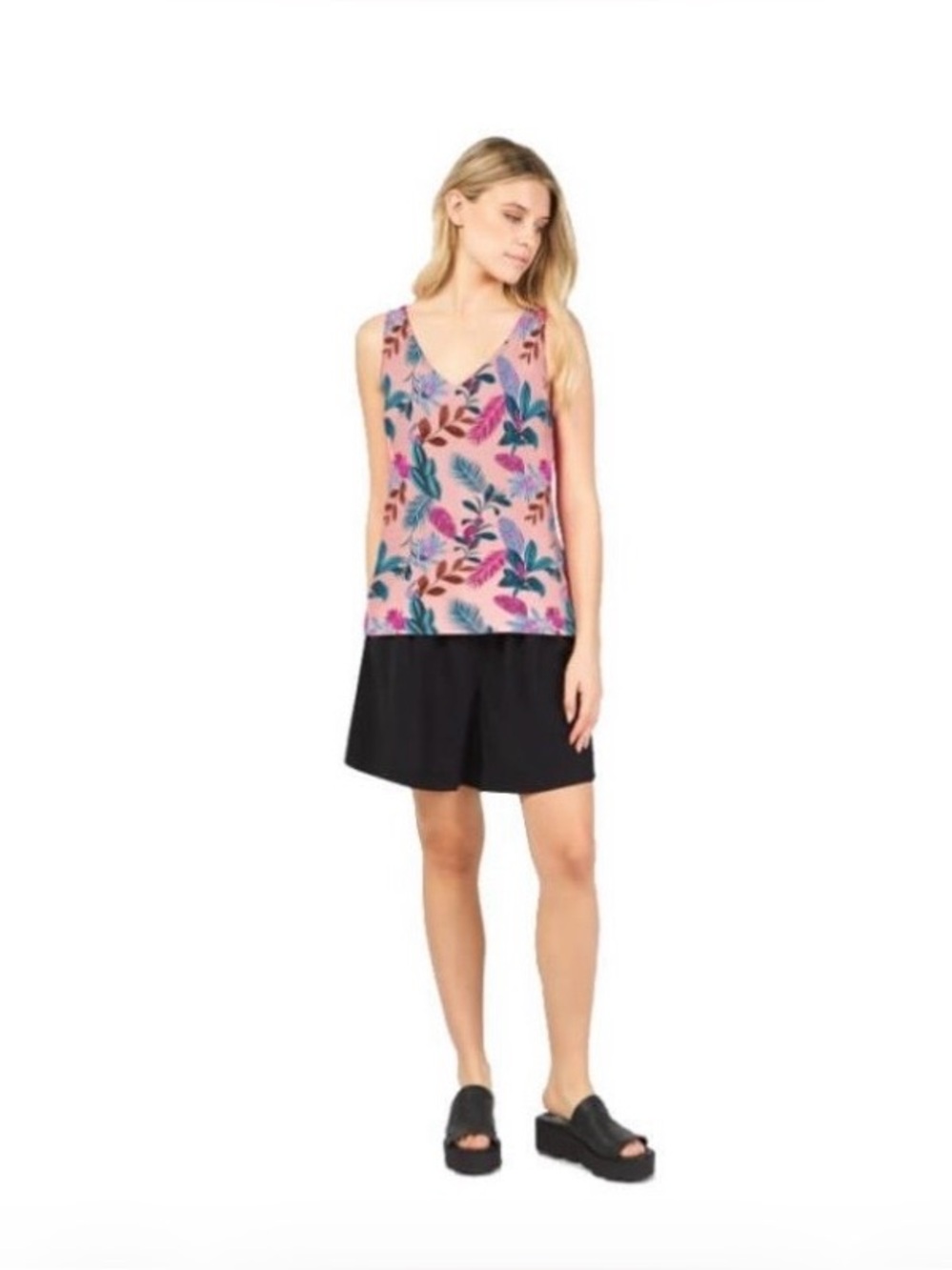 Floral V-Neck Sleeveless Tank Top - Pink Multi Fig Clothing